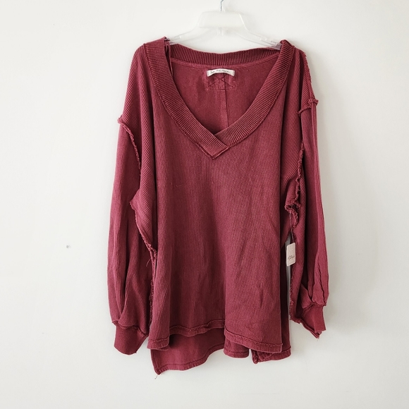 Free People Asher Thermal Oversized Shirt Stolen Kiss Maroon Red Small NWT NEW - Picture 7 of 12